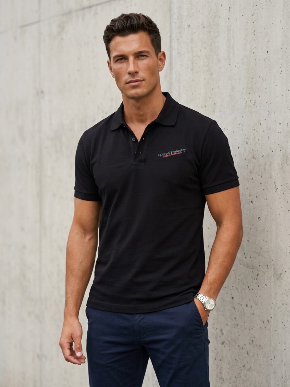 DIESEL Industry Graphic Logo Cotton Stretch Polo Shirt | Black | Size L